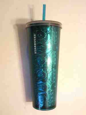 Starbucks Tumbler Cold Embossed w/ Flowers Teal Metallic Foil. 24 Oz - Sold on eBay Jun, 1st 2019 for $16.90