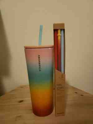 NEW! 2019 STARBUCKS RAINBOW STAINLESS STEEL VENTI TUMBLER CUP With Bonus Straws - Sold on eBay Jun, 3rd 2019 for $38.00