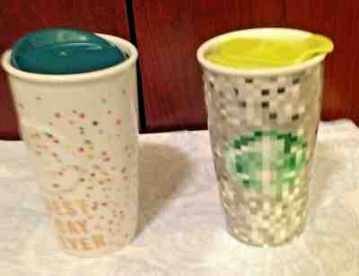 2 starbucks ceremic cups tumblers 12 oz pixel rodarte and 10oz best day ever - Sold on eBay Jun, 2nd 2019 for $18.00