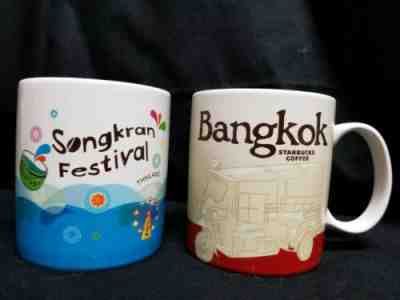 Set 2 STARBUCKS THAILAND MUGS: 2013 BANGKOK Collector Series + Songkran Festival - Sold on eBay Jun, 3rd 2019 for $20.99