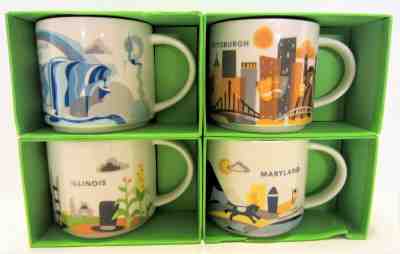 4 Starbucks You Are Here Mugs Illinois Niagara Falls PIttsburgh Maryland & Boxes