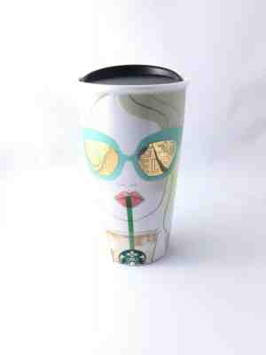 2016 STARBUCKS  LA Girl w/Mirrored Sunglasses  Ceramic Tumbler 12 oz w/Lid - Sold on eBay May, 28th 2019 for $35.00
