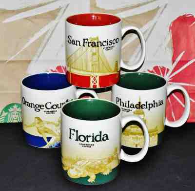 Starbucks 4 Global Icon Mugs Florida San Francisco Orange County Philadelphia - Sold on eBay May, 24th 2019 for $59.99