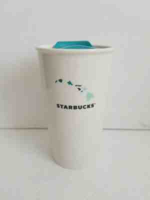 Starbucks Coffee 2014 Hawaii White Ceramic Tumbler Traveler 12 oz. Teal Lid Rare - Sold on eBay Jun, 4th 2019 for $25.00