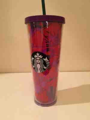 STARBUCKS 24 Oz VENTI Reusable Cold Cup Tumbler With Straw Purple Red Floral - Sold on eBay Jun, 20th 2019 for $15.30