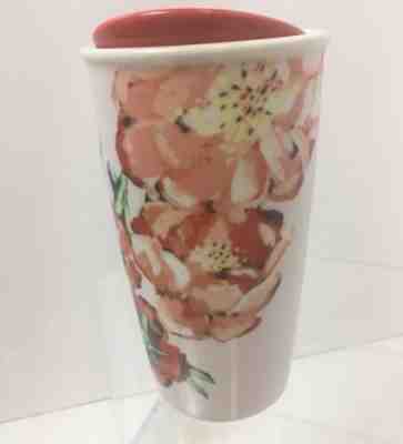STARBUCKS COFFEE 2015 Red Pink Floral Ceramic Travel Mug Cup Tumbler 10oz w/Lid - Sold on eBay Jun, 18th 2019 for $24.78