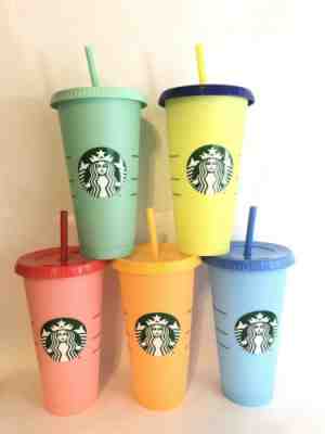 Starbucks Color Changing Reusable Cold Cup Collection Pack of 5 Lids Straws 24oz - Sold on eBay Jun, 18th 2019 for $66.00