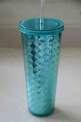 STARBUCKS 2015 GORGEOUS COLD CUP - TEAL METALLIC DIAMOND PATTERN - 24 OZ W/STRAW - Sold on eBay Jun, 17th 2019 for $16.00