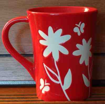 Starbucks 2007 Collectors 12oz Coffee Mug: Red w/ White Flowers & Butterflies - Sold on eBay Jun, 17th 2019 for $16.99