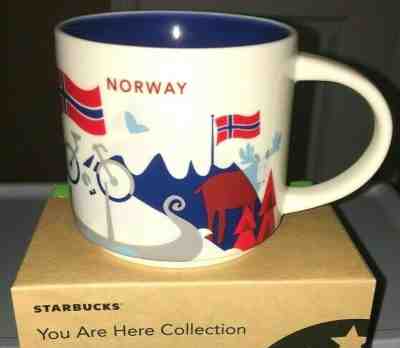 STARBUCKS 2018 Norway YAH You Are Here 14 oz Coffee Mug Norge Blue Red w/ SKU - Sold on eBay Jun, 17th 2019 for $43.95