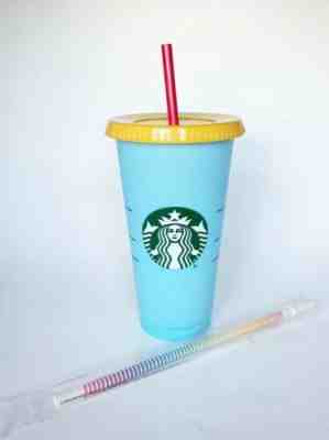 STARBUCKS COLOR CHANGING Cold Cup Single 24 oz Sky to Cobalt + Rainbow Straw - Sold on eBay Jun, 17th 2019 for $24.95
