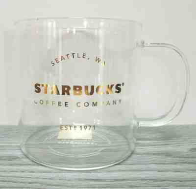 Starbucks Clear Glass Coffee Mug Cup With Gold Letters Writing 18 Ounces Seattle - Sold on eBay Jun, 17th 2019 for $29.99