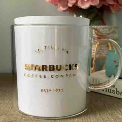 Starbucks 2015 Clear Glass 18 Oz Coffee Mug Cup Gold Lettering - Sold on eBay Jun, 17th 2019 for $24.00