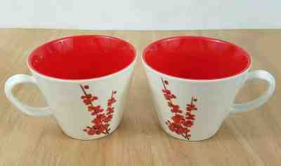 Starbucks Coffee Cup Mug Red Cherry Blossom 12 oz Cup Floral 2 PC Set 2008 Red