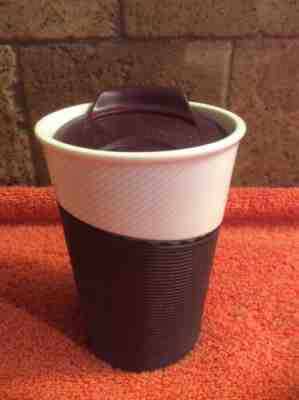 STARBUCKS Coffee Travel Mug 8 oz Brown Rubber Grip White Ceramic Cup With Lid - Sold on eBay Jun, 16th 2019 for $19.99