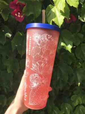 NEW 2019 STARBUCKS COLD CUP DESSERT FLORAL CACTUS BLUE PINK WHITE TUMBLER 24 fl - Sold on eBay Jun, 16th 2019 for $28.00