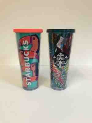 Starbucks Toucan Venti Cup Tumbler 24oz Teal Coral 2014 & Tropical Print Cup - Sold on eBay Jun, 16th 2019 for $37.99