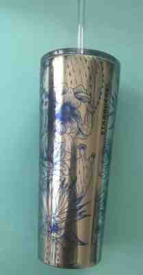 NEW STARBUCKS COLD CUP STAINLESS STEEL DESERT FLORAL CACTUS BLUE TUMBLER 16 fl - Sold on eBay Jun, 16th 2019 for $23.04