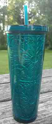 Starbucks Venti Cold Cup Travel TUMBLER Teal Green Embossed Flowers 2017 w/Straw - Sold on eBay Jun, 15th 2019 for $21.99