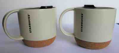 Pair 2016 Starbucks Coffee Cream Travel Mugs 12oz Cork Bottom with Lid ECU  - Sold on eBay Jun, 14th 2019 for $25.50