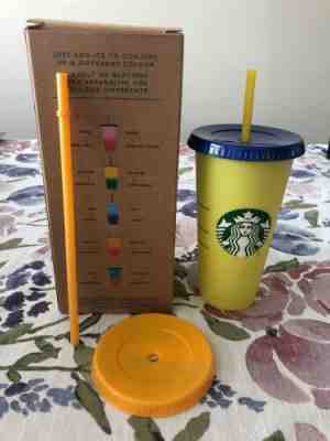 Single Starbucks Reusable COLOR CHANGING Cold Cup 24oz Citron-Emerald, Extra Lid - Sold on eBay Jun, 14th 2019 for $24.99