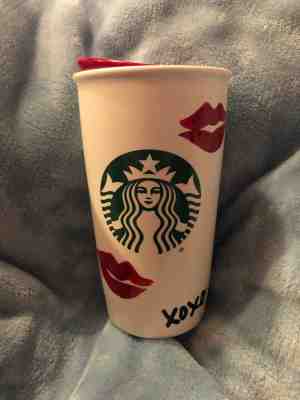 Starbucks 2015 Red Lips Hugs & Kisses XOXO Ceramic Travel Mug w/ Red Lid 12 oz - Sold on eBay Jun, 12th 2019 for $38.00