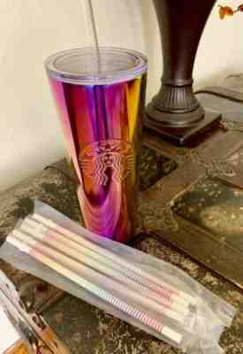 Starbucks Cold Cup Iridescent 24oz.Stainless Steel Tumbler. Lot Of 5 ????Straws - Sold on eBay Jun, 11th 2019 for $35.00