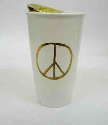 Starbucks Gold Peace Sign Travel Mug Ceramic Tall Cup 12 oz 2015 White Holiday - Sold on eBay Jun, 11th 2019 for $24.99