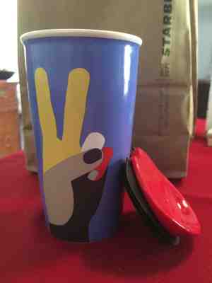 (1) NEW Starbucks PEACE Travel Mug Tumbler Ceramic Limited Edition MINT Red Lid - Sold on eBay Jun, 11th 2019 for $24.00