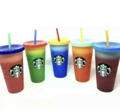 NEW Starbucks COLOR CHANGING Cold Cup Tumblers 24oz Venti SET 5 Cups Lids Straws - Sold on eBay Jun, 10th 2019 for $99.99