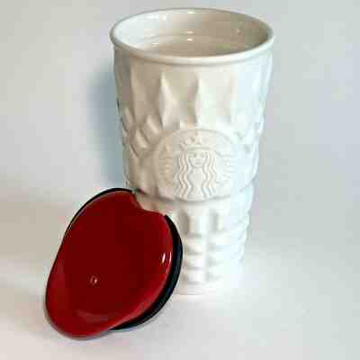 Starbucks 2014 White Ceramic Quilted Embossed Travel Tumbler Mug Red Lid 10 Oz  - Sold on eBay Jun, 10th 2019 for $24.99