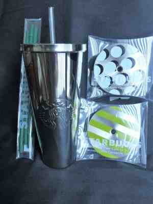 New STARBUCKS 24oz Shiny Silver Stainless Cold Cup Siren Set Extra Straws & Lids - Sold on eBay Jun, 10th 2019 for $35.00