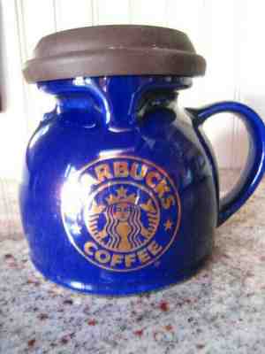 Vintage STARBUCKS Cobalt w/Gold Logo coffee no slip wide base chubby travel mug - Sold on eBay Jun, 9th 2019 for $18.50