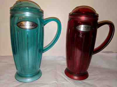 (2) Starbucks Rocket Travel Mug Green Red Star Plastic Cup Frappuccino Tumbler  - Sold on eBay Jun, 9th 2019 for $23.99