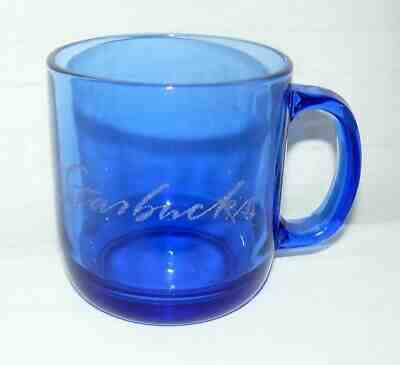 STARBUCKS 17 OZ BLUE GLASS CURSIVE ETCHED SCRIPT MUG CUP - Sold on eBay Jun, 9th 2019 for $19.49
