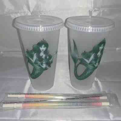2 Starbucks Siren Mermaid Reusable Plastic Venti Cold Cup w/Lid Rainbow Straws - Sold on eBay Jun, 8th 2019 for $20.00