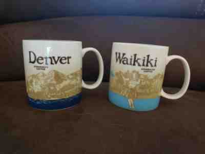 Lot Of 2 Starbucks 16oz Mugs Waikiki and Denver Coffee Travel Cups - OLD STYLE - Sold on eBay Jun, 8th 2019 for $32.01