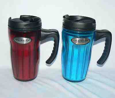 STARBUCKS 2002 12 OZ PAIR SET OF 2 AQUA & RED LUCY TRAVEL TUMBLERS MUGS - Sold on eBay Jun, 8th 2019 for $17.89