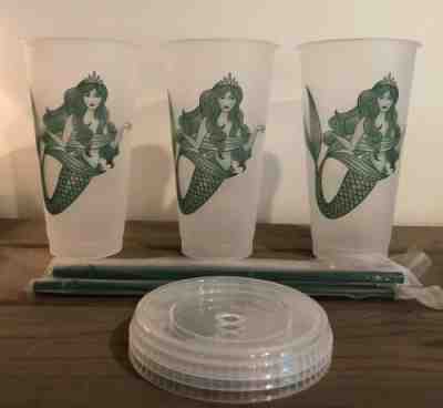 NEW LOT Of 3 Starbucks Mermaid Siren Frosted Reusable Cold Cup 2019 - Sold on eBay Jun, 7th 2019 for $28.00
