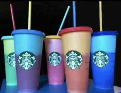 Starbucks Reusable COLOR CHANGING Cold Cup Collection Pack Of 5 Lids Straws 24oz - Sold on eBay Jun, 7th 2019 for $80.00