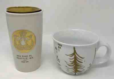 Starbucks Seattle Pike Place Gold Siren Logo Travel Tumbler & Christmas Tree Mug - Sold on eBay Jun, 6th 2019 for $57.99