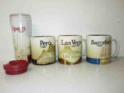 Lot of 3 Coffee Mugs 1 Travel Mug Starbucks Collection Series Spain Peru  - Sold on eBay Jun, 6th 2019 for $23.16
