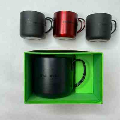 Starbucks Coffe Metal Mug Cup and 3 Espresso Cups Red Black Seattle - Sold on eBay Jun, 6th 2019 for $29.95