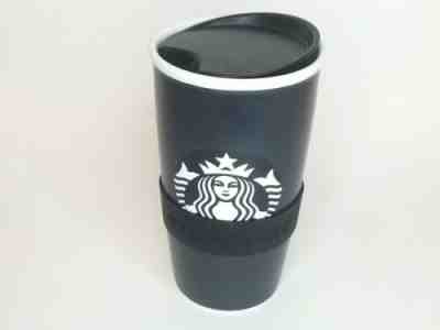 Starbucks Ceramic Travel Mug 12 oz Black White Logo 2016 Tall Siren Heat Band - Sold on eBay Jun, 4th 2019 for $32.95