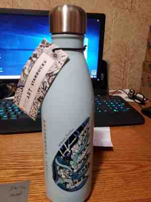 STARBUCKS 17 OZ. INSULATED BOTTLE KELSEY MONTAGUE ART  LIGHT BLUE - Sold on eBay Jun, 4th 2019 for $15.00