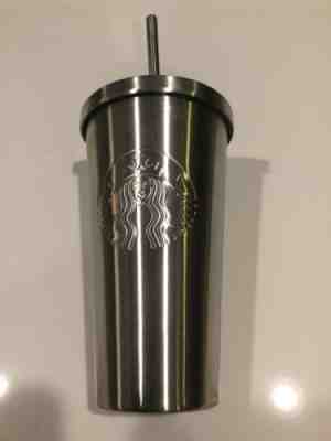 Starbucks Cold Cup Silver Stainless Steel Metal Tumbler 16 oz -Metal Straw - Sold on eBay Jun, 4th 2019 for $15.99