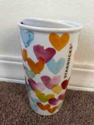 Starbucks 2015 Watercolor Hearts Ceramic Travel Mug Tumbler 10 oz Coffee Cup - Sold on eBay Jun, 4th 2019 for $26.99
