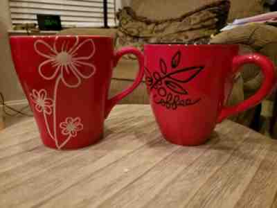 2 x STARBUCKS 2007 Coffee Tea Mug ~ Cherry Red With Black White Flowers  - Sold on eBay Jun, 25th 2019 for $33.50