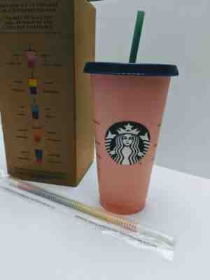 STARBUCKS COLOR CHANGING Cold Cup Single Rose to Coral Red + Rainbow Pride Straw - Sold on eBay Jun, 25th 2019 for $25.64
