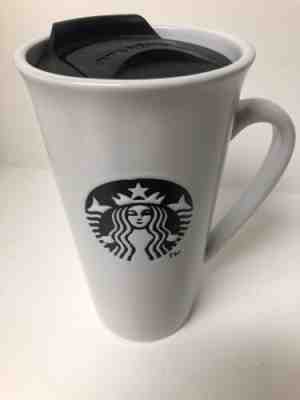 Starbucks 2013 Ceramic Travel Mug with Lid White Black Siren Mermaid Logo 16 oz - Sold on eBay Jun, 24th 2019 for $21.77